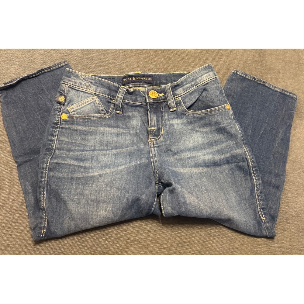 Rock & Republic Womens Medium Wash Rhinestone Pocket Capri Jeans Size 2